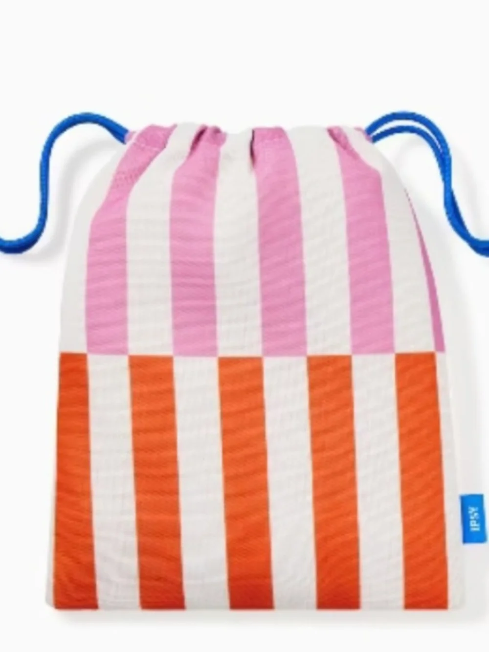 ipsy Pink, Orange & White Striped Drawstring Pouch with Blue Cord